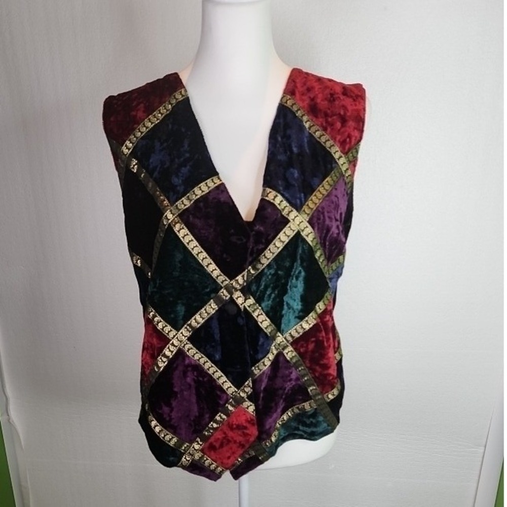 Passports‎ Pier 1 Imports Vintage Velvet Vest Colorblock Patchwork Jewel Tone L